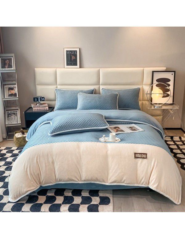 Luxurious minimalist beanstalk color contrast patch cloth embroidered milk velvet bed sheet four piece set baby velvet three piece set