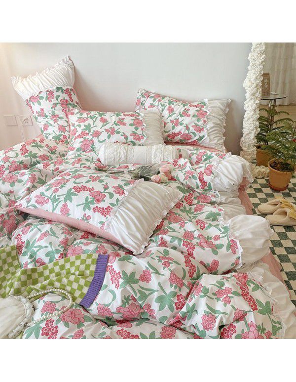 Korean/ins Tulip Bed Skirt 4pc Set Autumn and Winter French Lace Little Flowers Bedding Sheet Cover 3pc Set Wholesale