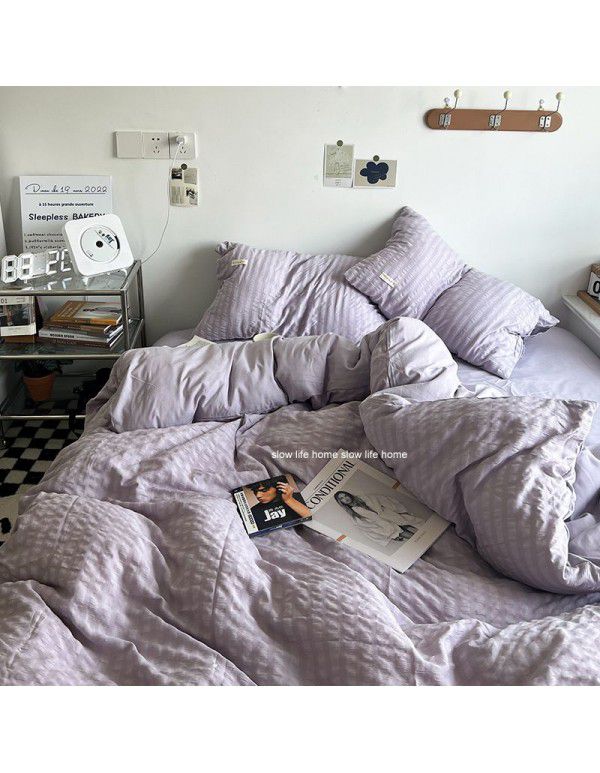 Shopkeeper's original~cream white puff Korean ins seersucker wash cotton four piece bed sheet set dormitory three piece set