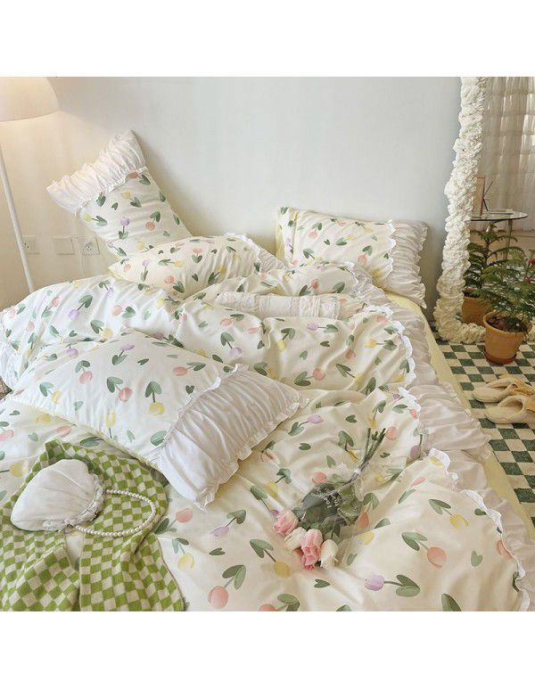 Korean/ins Tulip Bed Skirt 4pc Set Autumn and Winter French Lace Little Flowers Bedding Sheet Cover 3pc Set Wholesale