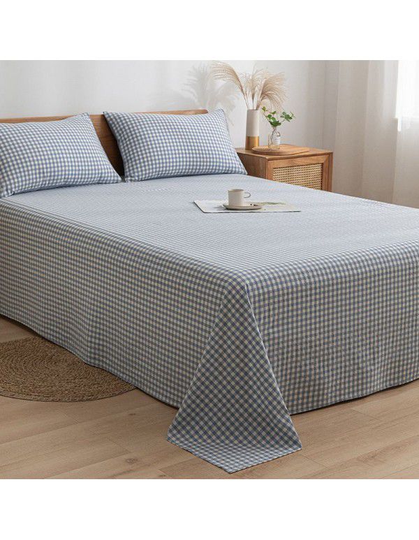 Japanese 100% cotton washable cotton bed sheet single piece summer cotton single dormitory quilt sheet plaid pillow case three piece set