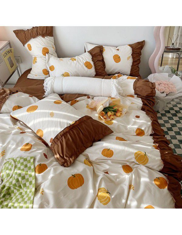Korean/ins Tulip Bed Skirt 4pc Set Autumn and Winter French Lace Little Flowers Bedding Sheet Cover 3pc Set Wholesale
