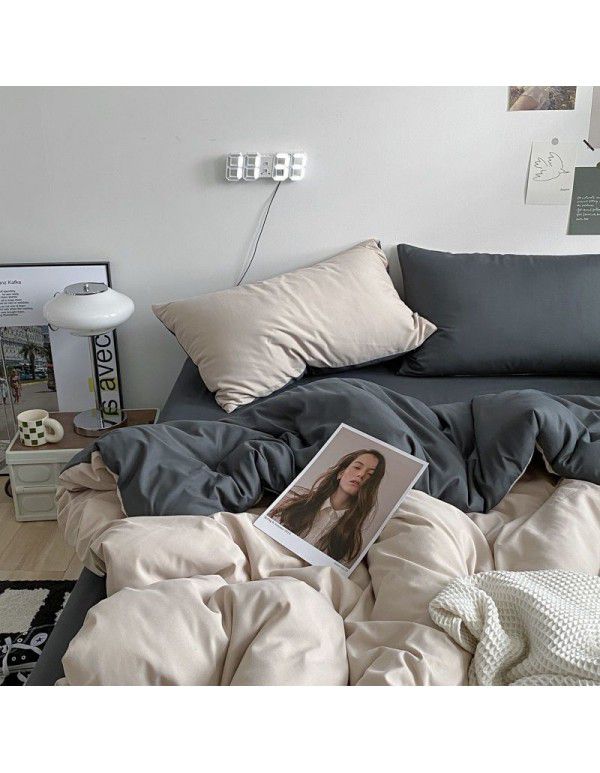 Ins Scandinavian style simple double washing cotton bed four piece set mixed bed sheet quilt cover 4 dormitory three piece set