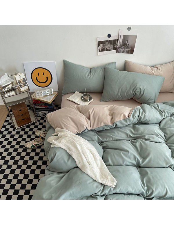 Simple Cure Pure Color Printing Free Wash Cotton 4-Piece Fitted Sheet Bed Student Dormitory Pure Cotton Flat Cover