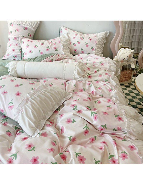 Korean/ins Tulip Bed Skirt 4pc Set Autumn and Winter French Lace Little Flowers Bedding Sheet Cover 3pc Set Wholesale