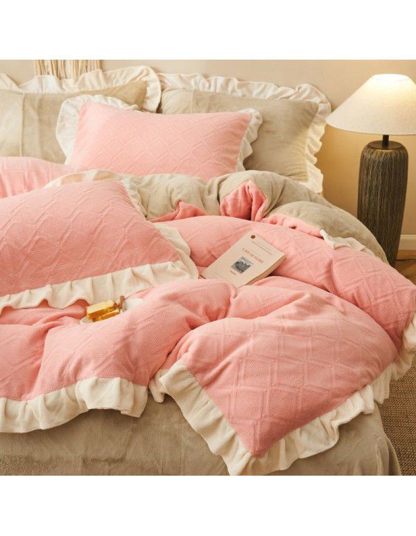 Nantong autumn and winter princess style thickened warm bed sheet quilt cover fitted sheet milk velvet three four piece bedding wholesale