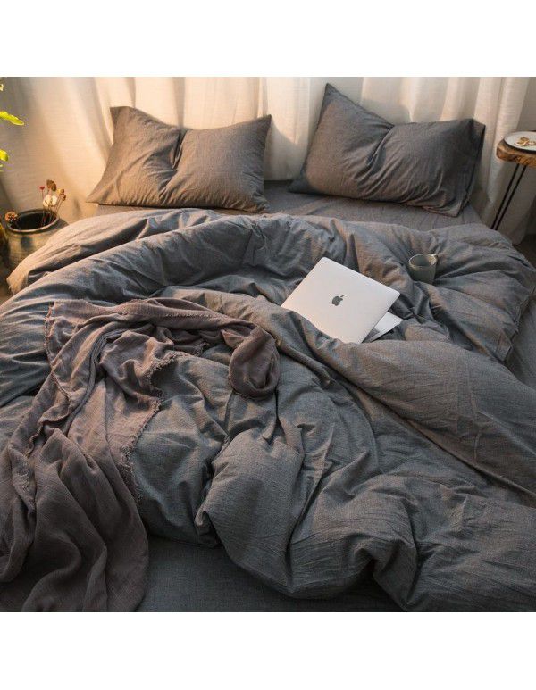 Nordic Style Simple Gentleman Men's Grey Duvet Cover Bedding Set of 4 Pieces Solid Color Sheet Grid Dormitory Set of 3 Pieces
