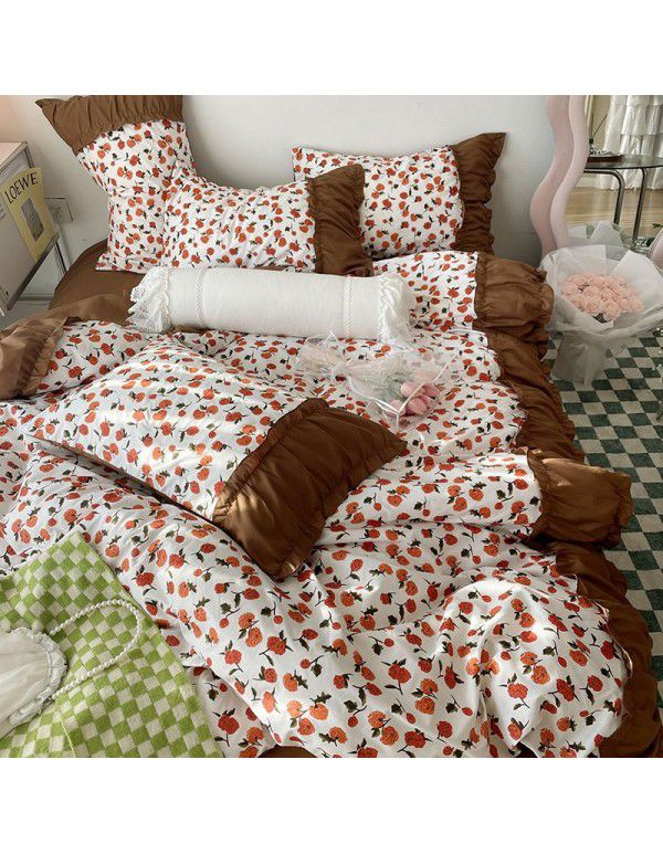 Korean/ins Tulip Bed Skirt 4pc Set Autumn and Winter French Lace Little Flowers Bedding Sheet Cover 3pc Set Wholesale
