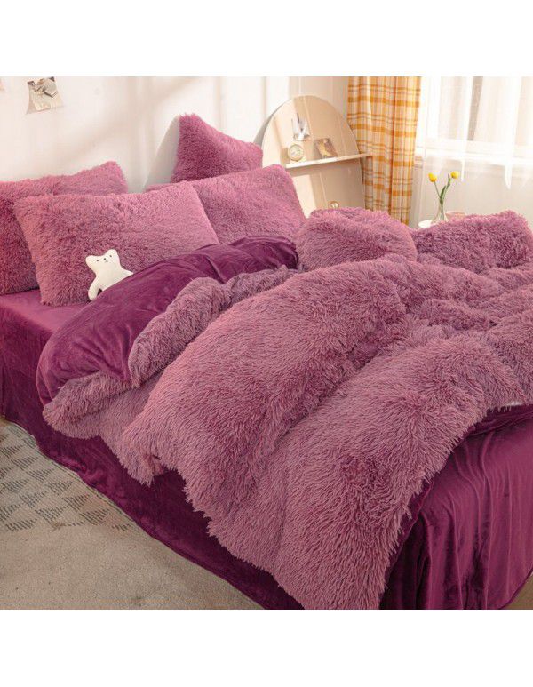 Mink four piece warm and comfortable princess style long plush three piece solid color bed sheet