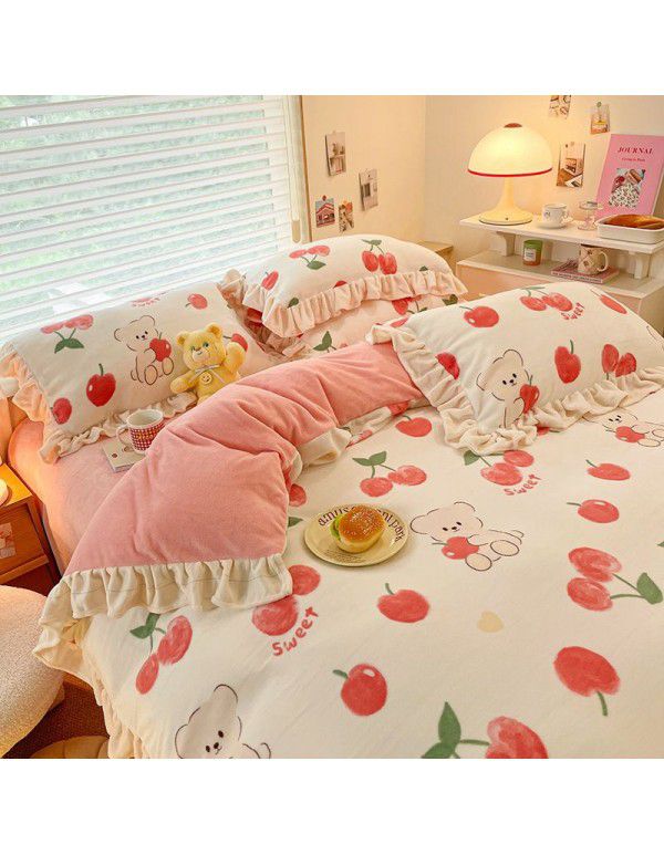 Winter Gog Heavy Milk Fleece 4-Piece Bed Skirt Coral Fleece Double Sided Thick Duvet Cover Sheet Fitted Sheet 4