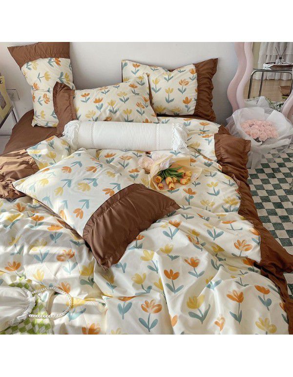 Korean/ins Tulip Bed Skirt 4pc Set Autumn and Winter French Lace Little Flowers Bedding Sheet Cover 3pc Set Wholesale