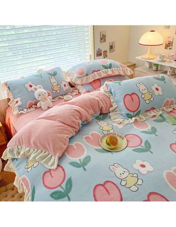 Winter Gog Heavy Milk Fleece 4-Piece Bed Skirt Coral Fleece Double Sided Thick Duvet Cover Sheet Fitted Sheet 4