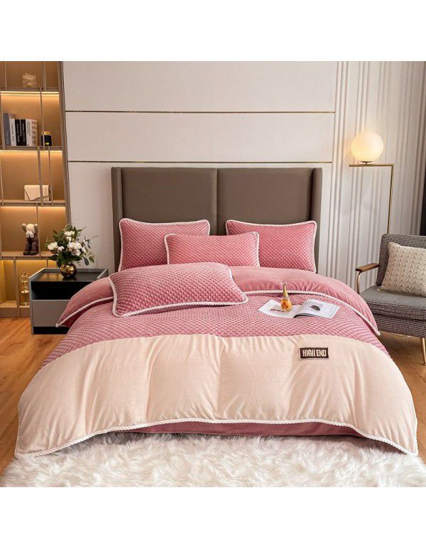 Luxurious minimalist beanstalk color contrast patch cloth embroidered milk velvet bed sheet four piece set baby velvet three piece set