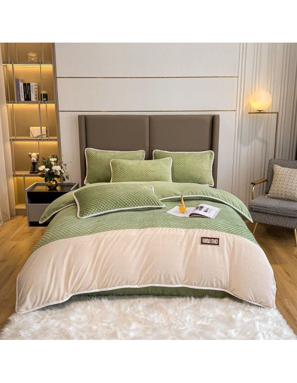 Luxurious minimalist beanstalk color contrast patch cloth embroidered milk velvet bed sheet four piece set baby velvet three piece set