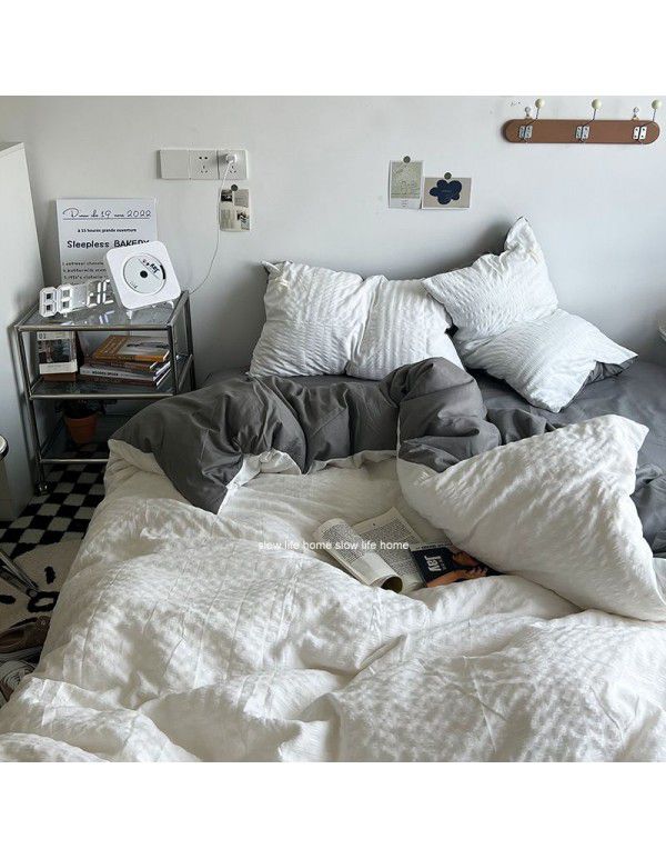Shopkeeper's original~cream white puff Korean ins seersucker wash cotton four piece bed sheet set dormitory three piece set