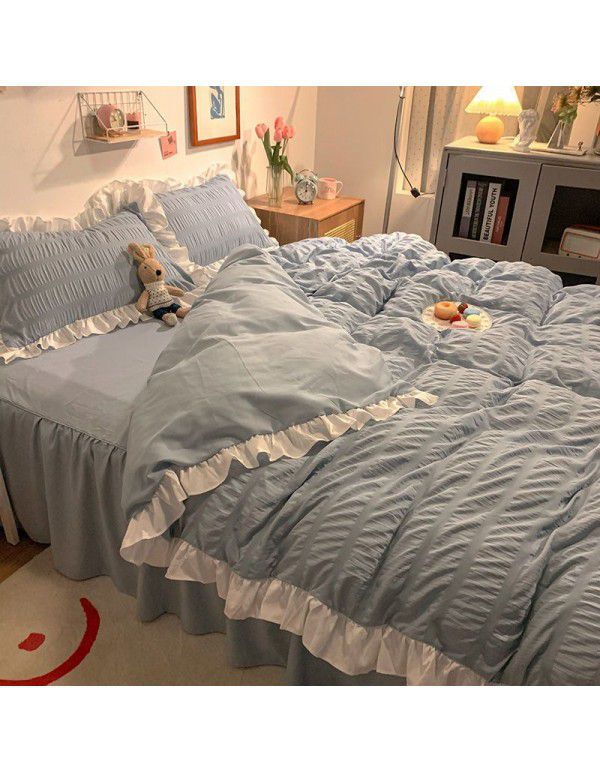 Bedding sheet quilt cover 4-piece water washed cotton bed princess wind lotus leaf edge bedspread pleated quilt bed skirt bedding