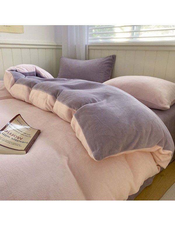 Wholesale of solid color mixed with milk velvet four piece winter thickened thermal coral velvet bedspread, quilt cover, fitted sheet and bedding