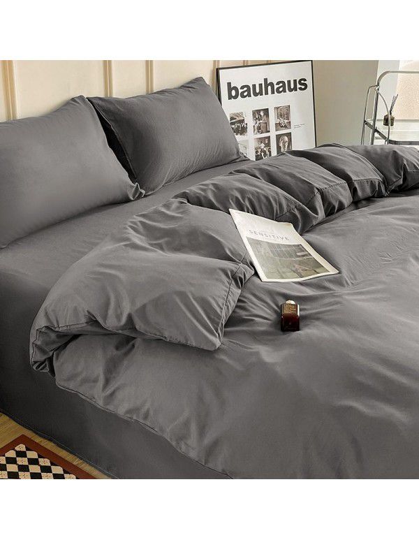 Ins style simple four piece set solid color washed cotton student dormitory three piece bed sheet quilt cover bedding wholesale