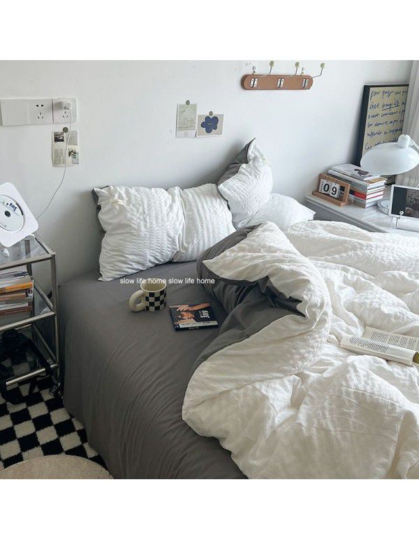 Shopkeeper's original~cream white puff Korean ins seersucker wash cotton four piece bed sheet set dormitory three piece set