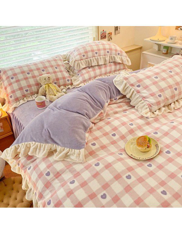 Winter Gog Heavy Milk Fleece 4-Piece Bed Skirt Coral Fleece Double Sided Thick Duvet Cover Sheet Fitted Sheet 4