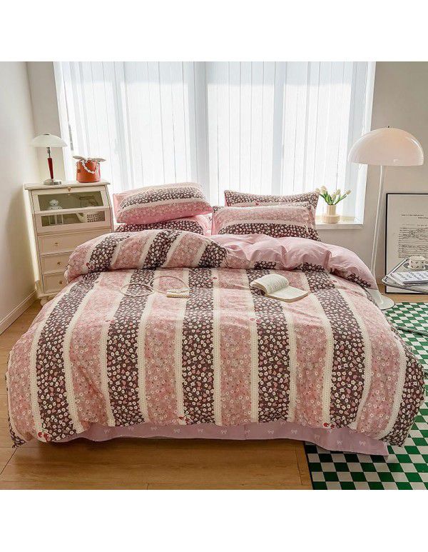 Hot selling ins Pastoral 60 Thread Count Cotton 4-Piece Set Printed Cotton Small Fresh Flat Sheet Quilt Cover Fitted Sheet Set Postage Package