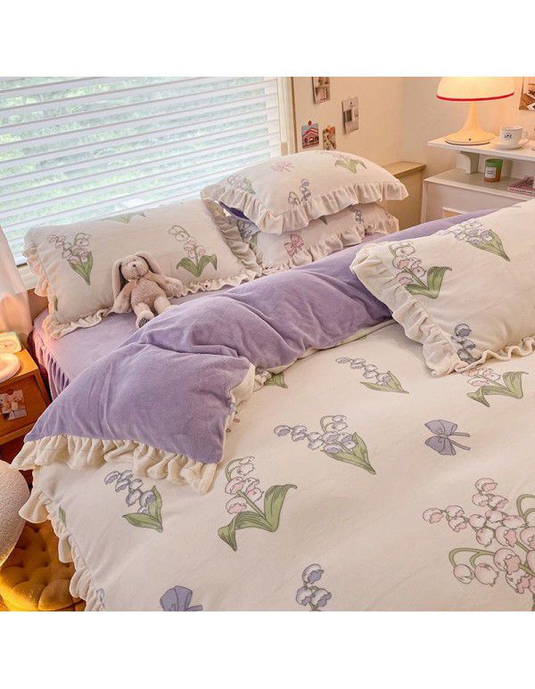Winter Gog Heavy Milk Fleece 4-Piece Bed Skirt Coral Fleece Double Sided Thick Duvet Cover Sheet Fitted Sheet 4
