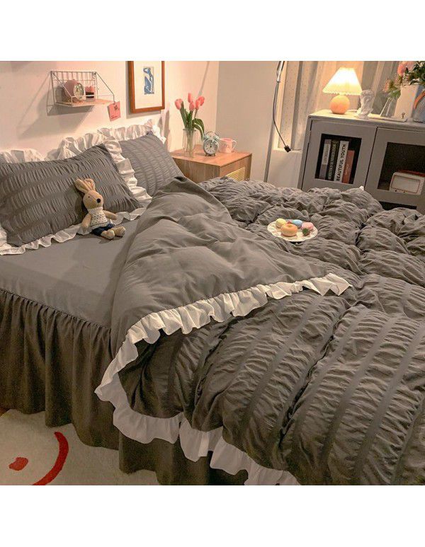 Bedding sheet quilt cover 4-piece water washed cotton bed princess wind lotus leaf edge bedspread pleated quilt bed skirt bedding