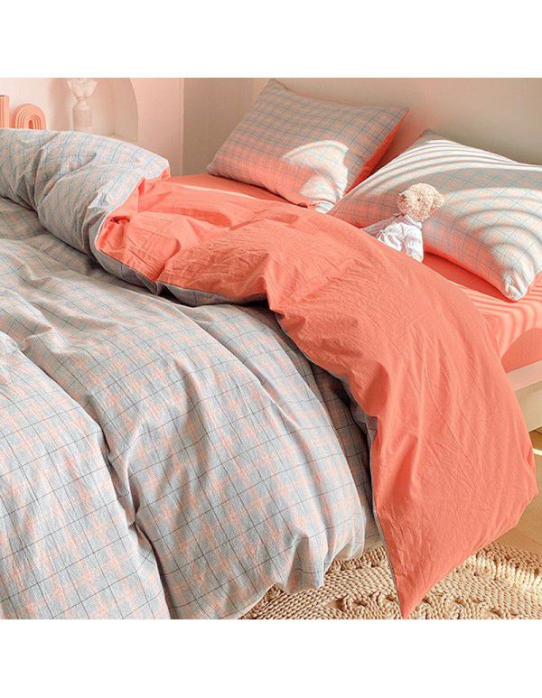 Cotton wash cotton bed four piece set 100 cotton summer Japanese simple bed linen three piece set white quilt cover sheet 4