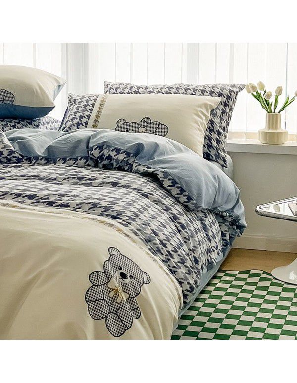 Ins style pure cotton bedding four piece set 100 cotton cartoon dormitory bed sheet three piece set children's fitted sheet quilt cover