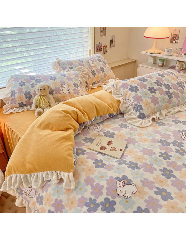 Winter Gog Heavy Milk Fleece 4-Piece Bed Skirt Coral Fleece Double Sided Thick Duvet Cover Sheet Fitted Sheet 4