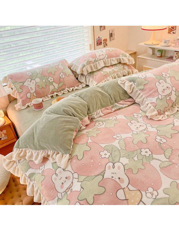 Winter Gog Heavy Milk Fleece 4-Piece Bed Skirt Coral Fleece Double Sided Thick Duvet Cover Sheet Fitted Sheet 4