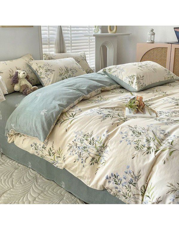 Ins style pure cotton bedding four piece set 100 cotton cartoon dormitory bed sheet three piece set children's fitted sheet quilt cover