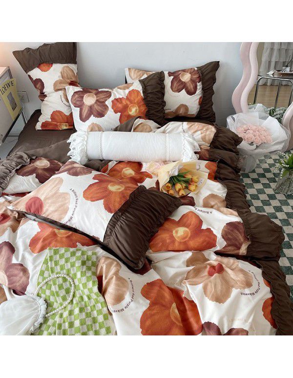 Korean/ins Tulip Bed Skirt 4pc Set Autumn and Winter French Lace Little Flowers Bedding Sheet Cover 3pc Set Wholesale