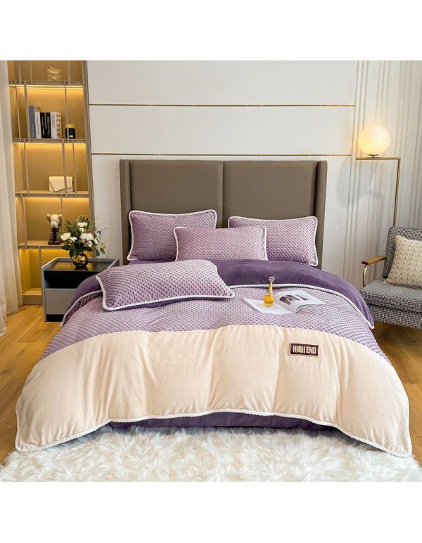 Luxurious minimalist beanstalk color contrast patch cloth embroidered milk velvet bed sheet four piece set baby velvet three piece set