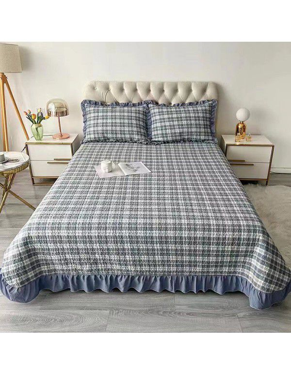  New combed yarn dyed washed cotton bed cover three piece high quilted embroidery flat board classic plaid