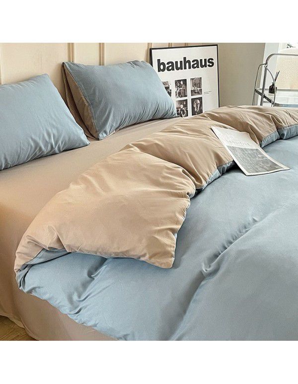 Ins style simple four piece set solid color washed cotton student dormitory three piece bed sheet quilt cover bedding wholesale