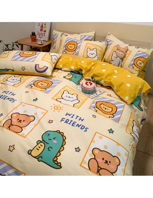  spring new ins cartoon pure cotton bedding four piece cotton children's sheet quilt cover three piece set
