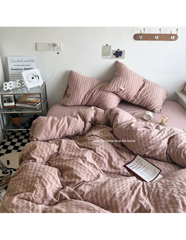 Shopkeeper's original~cream white puff Korean ins seersucker wash cotton four piece bed sheet set dormitory three piece set
