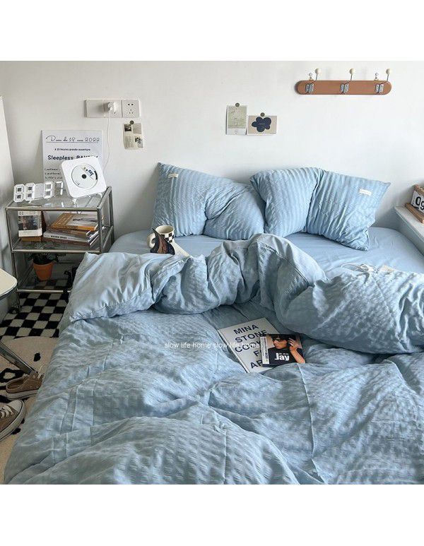 Shopkeeper's original~cream white puff Korean ins seersucker wash cotton four piece bed sheet set dormitory three piece set