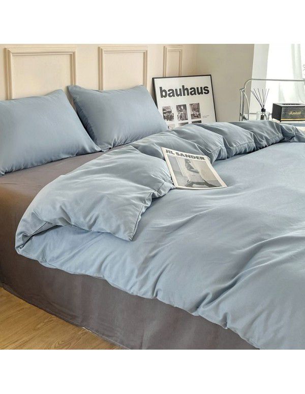 Ins style simple four piece set solid color washed cotton student dormitory three piece bed sheet quilt cover bedding wholesale