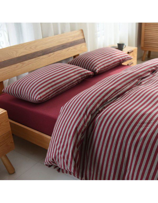 Quilt Cover Indian Cotton Knitted Cotton Quilt Cover Cotton Pillow Case Stripe Set Fitted Sheet Sheet Nantong Home Textile Wholesale