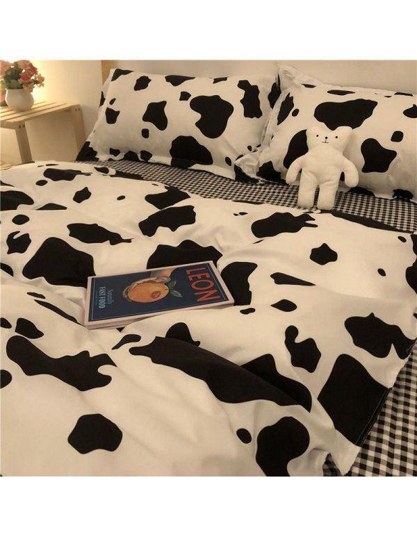 Factory direct sale cow black and white spot wash cotton four piece set ins simple nordic quilt cover 1.8 bed sheet for bed