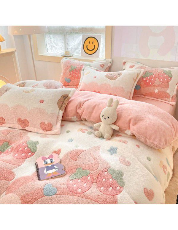 Milk velvet winter warm Farai velvet 4-piece set thickened coral velvet female bedding double-sided velvet quilt cover sheet