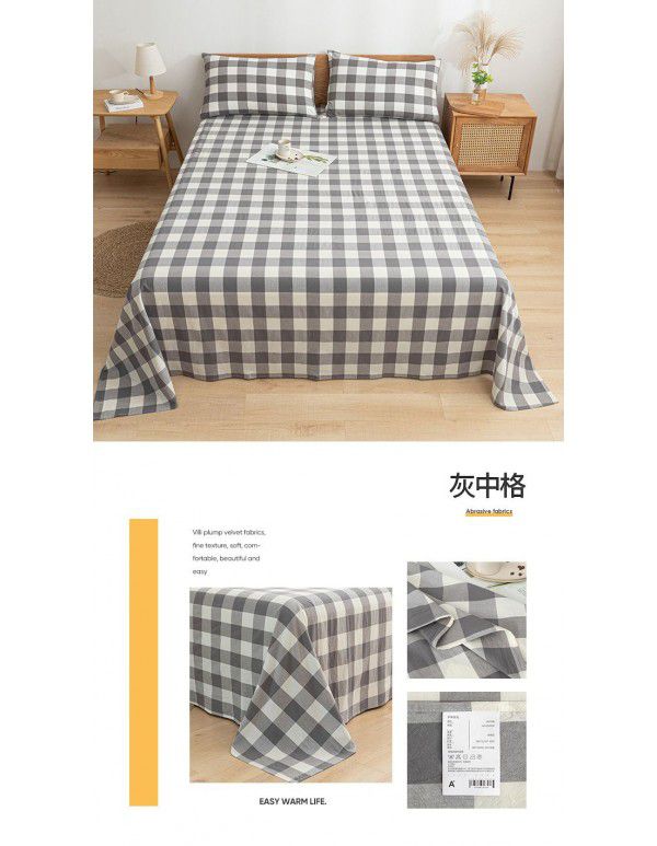 Japanese 100% cotton washable cotton bed sheet single piece summer cotton single dormitory quilt sheet plaid pillow case three piece set
