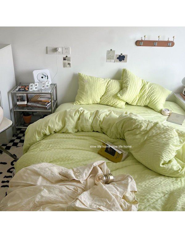 Shopkeeper's original~cream white puff Korean ins seersucker wash cotton four piece bed sheet set dormitory three piece set