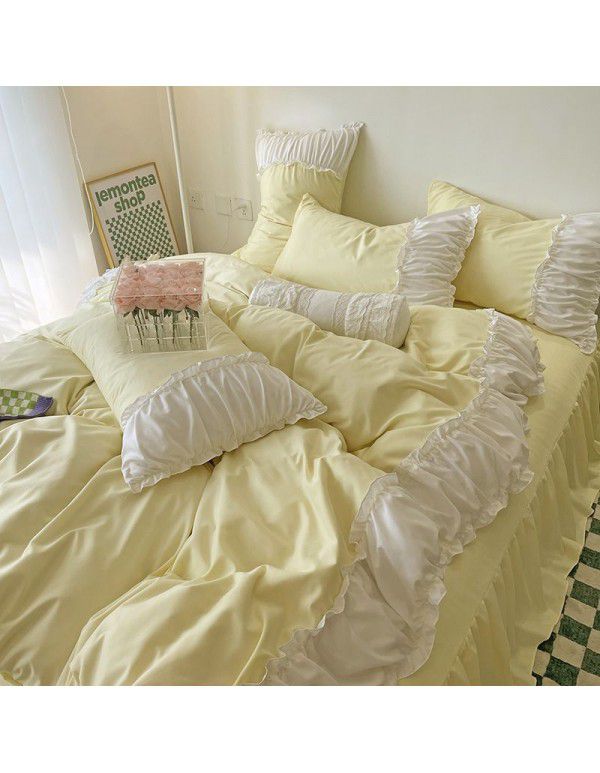 Korean/ins Tulip Bed Skirt 4pc Set Autumn and Winter French Lace Little Flowers Bedding Sheet Cover 3pc Set Wholesale