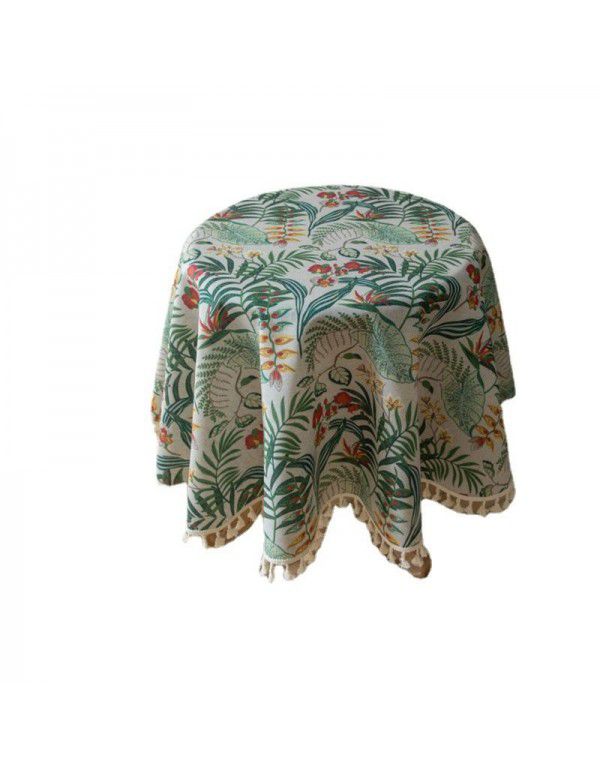 Le Xuan Xiu Round Table Cloth European style Vintage Green Plant Printing Table Cloth Bamboo Hemp Table Cloth Factory Direct Supply