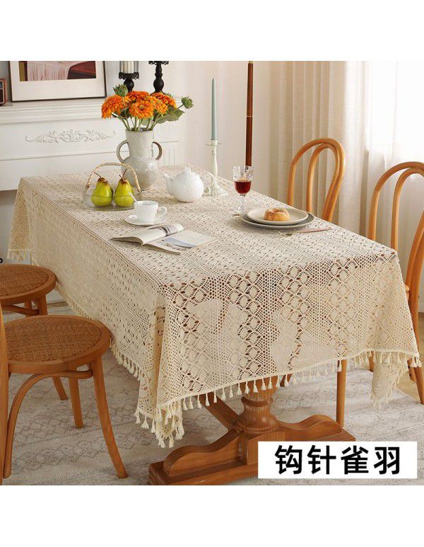 American style pastoral crochet table cloth woven hollowed out table cloth tassel cover table cloth beige hollowed out cloth table mat