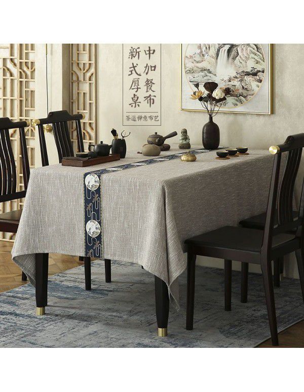 New Chinese Fushou Pine and Crane Cotton Subblue Heather Rice Grey Tea Table Tea Ceremony Zen Long Square Table Cover Table Cloth