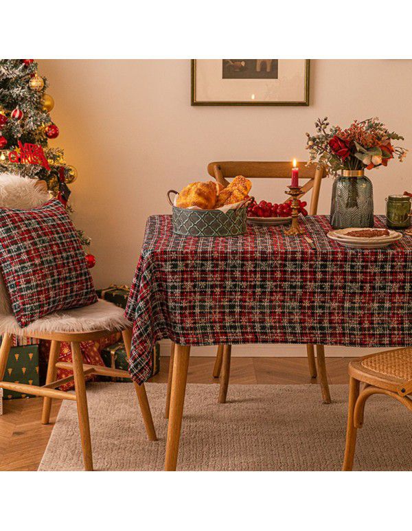 New American red and green plaid tablecloth snowflake printed tablecloth rectangular tea table cloth Christmas table cloth